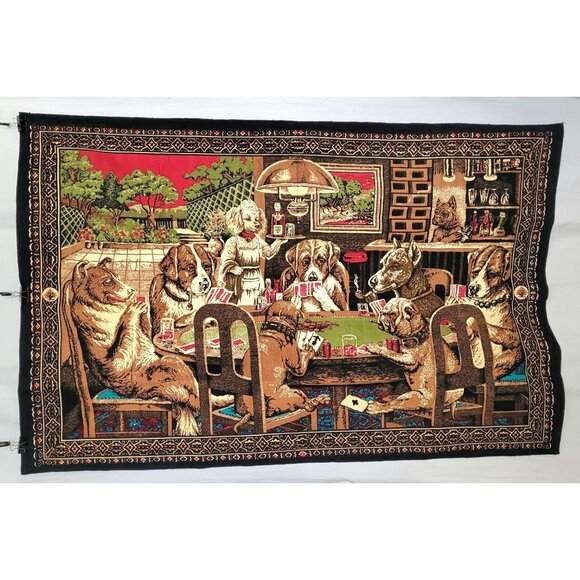VTG Dogs Playing Poker Cards Tapestry Art Wall Hanging 56”x38”Made In Turkey NOS